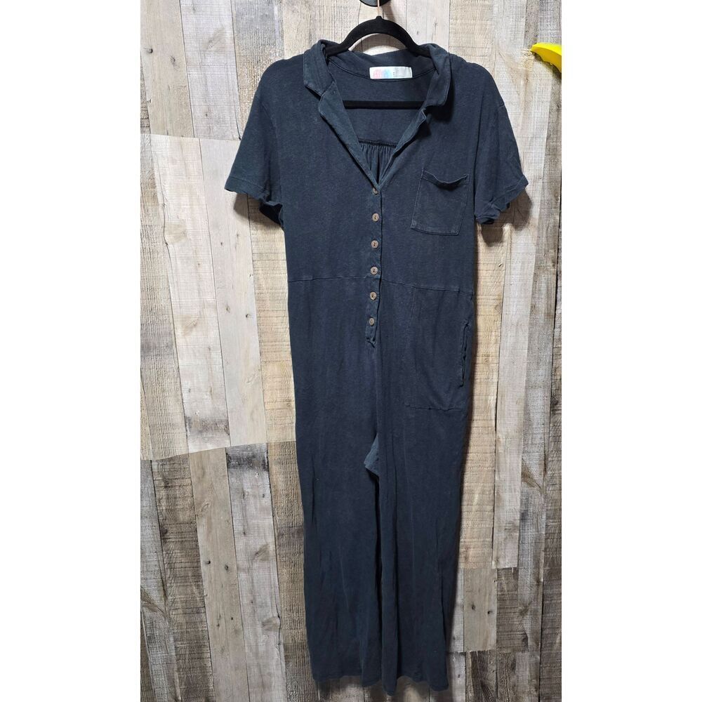 Free People FP Beach Black Linen Cotton Blend Wide Leg Jumpsuit Medium Coastal